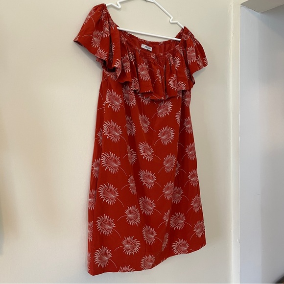 Madewell | Silk Off the Shoulder Dress | Orange Palm flower print | Size Medium - Picture 9 of 13
